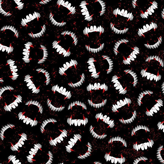 Wicked Bloody Vampire Fangs Black Timeless Treasures Cotton Fabric TT-WICKED-CD1832-BLACK