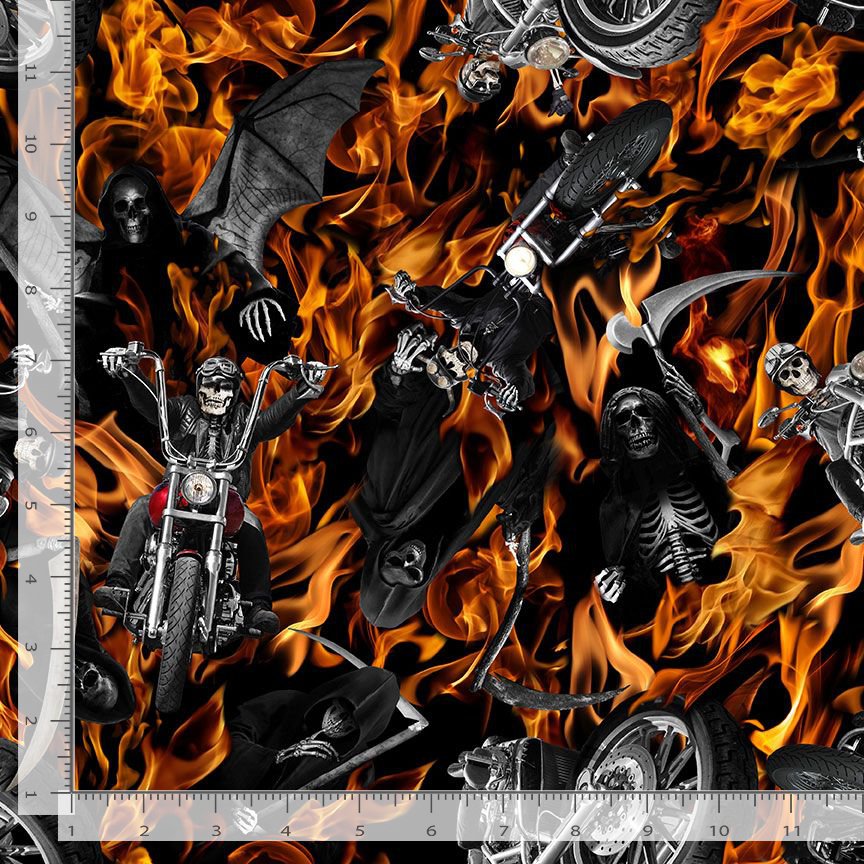 Wicked Skeletons Flaming Motorcycles Tossed Flame Kimberly Einmo Timeless Treasures Cotton Fabric TT-WICKED-CD2415-FLAME