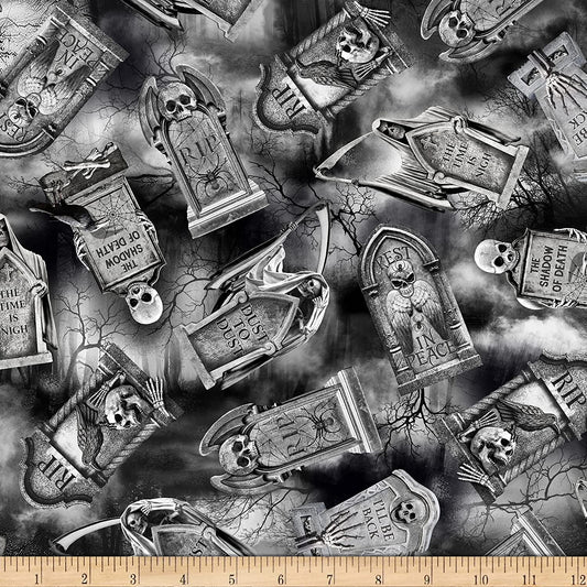 Wicked Eve Tombstones Black at Cemetery Halloween Timeless Treasures Cotton Fabric TT-C8641 Black