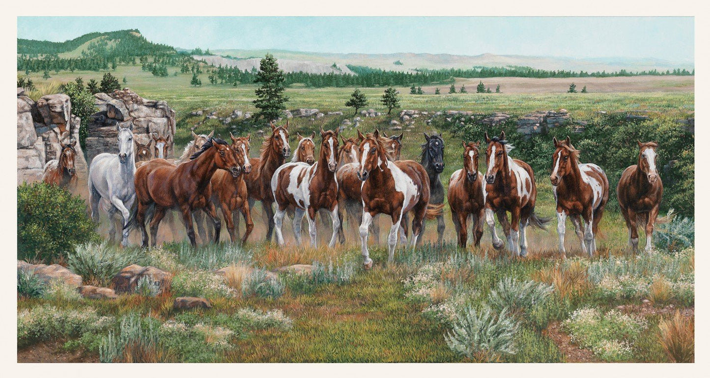 Wild & Free Horses on the Range Panel 24" Cream Kim Penner Elizabeth's Studio Cotton Fabric ES-9900-Cream