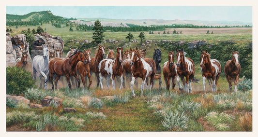 Wild & Free Horses on the Range Panel 24" Cream Kim Penner Elizabeth's Studio Cotton Fabric ES-9900-Cream