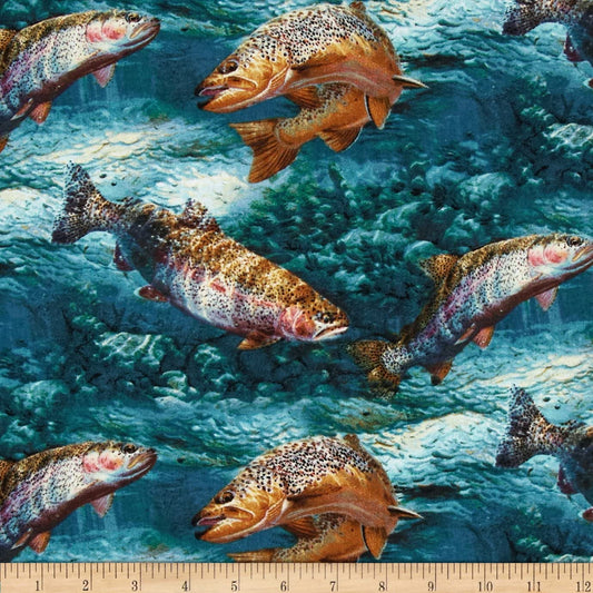Wild Wings Troutman Bas Trout Fresh Water Fish Scenic Springs Creative Cotton Fabric