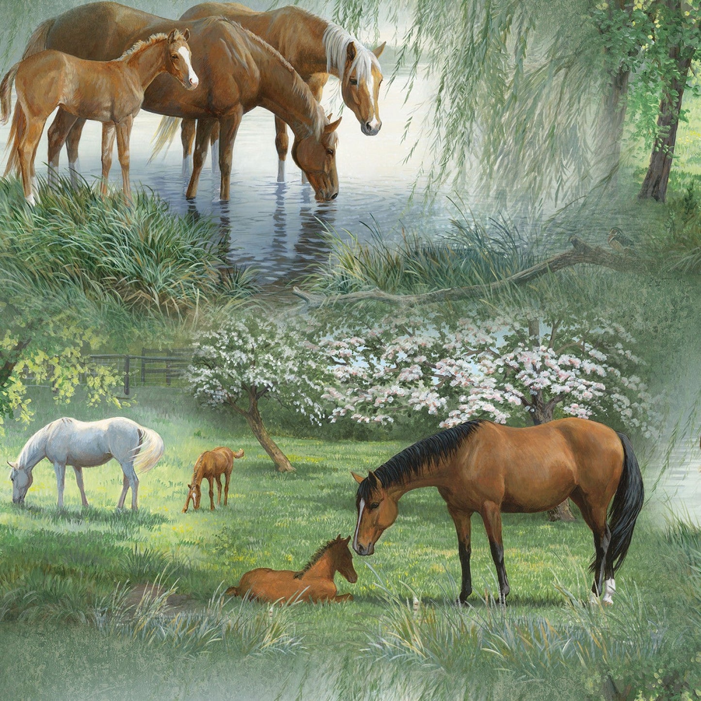 Wild Wings Willow Brook Scenic Horses Grainzing Springs Creative Cotton Fabric