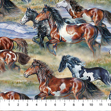 Wild and Free Horse Scenic Green Multi Rick Unger Northcott Cotton Fabric NC-DP27602-72