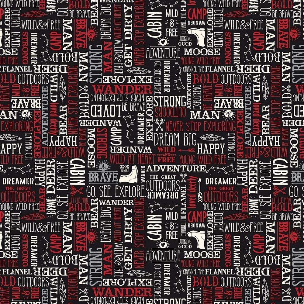 Wild at Heart Text White and Red Black Riley Blake Cotton Fabric