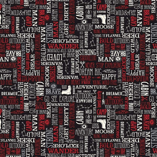 Wild at Heart Text White and Red Black Riley Blake Cotton Fabric