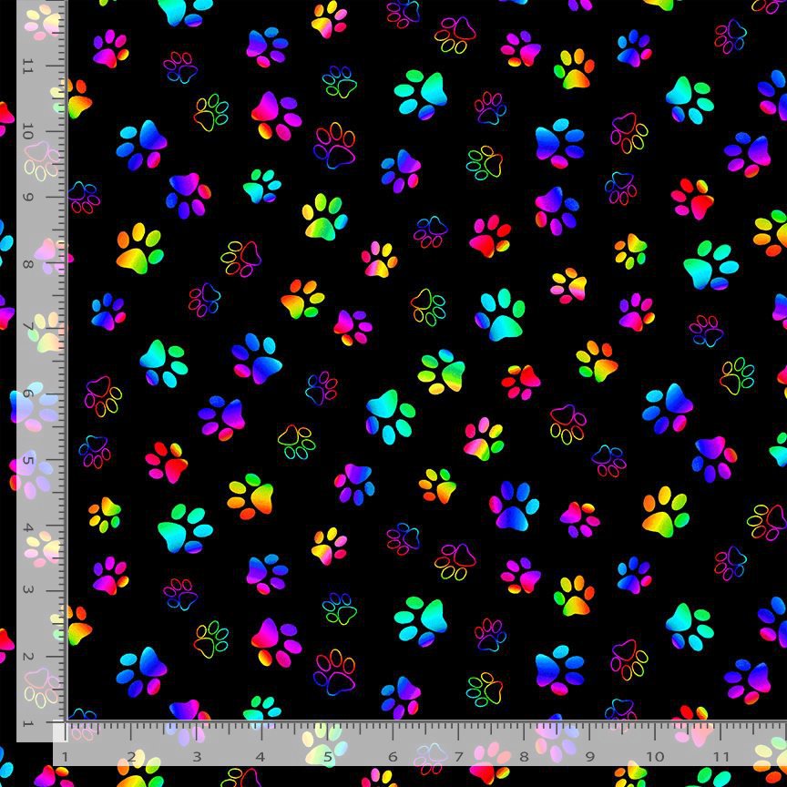 Wildcat Rainbow Paw Prints Black Chong-A Hwang Timeless Treasures Cotton Fabric TT-CAT-CD3035-BLACK