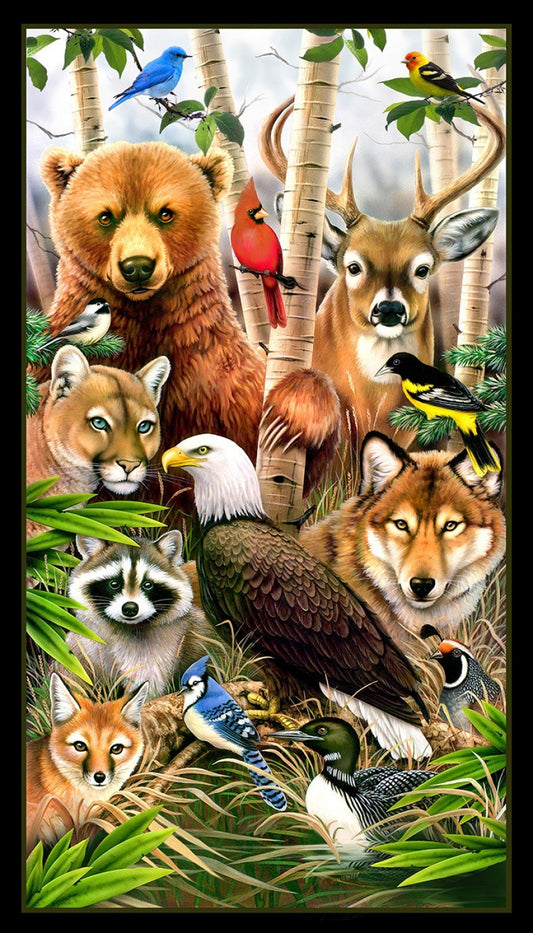 Wildlife Refuge Forest Animals Panel 24" Black Elizabeth's Studio Cotton Fabric
