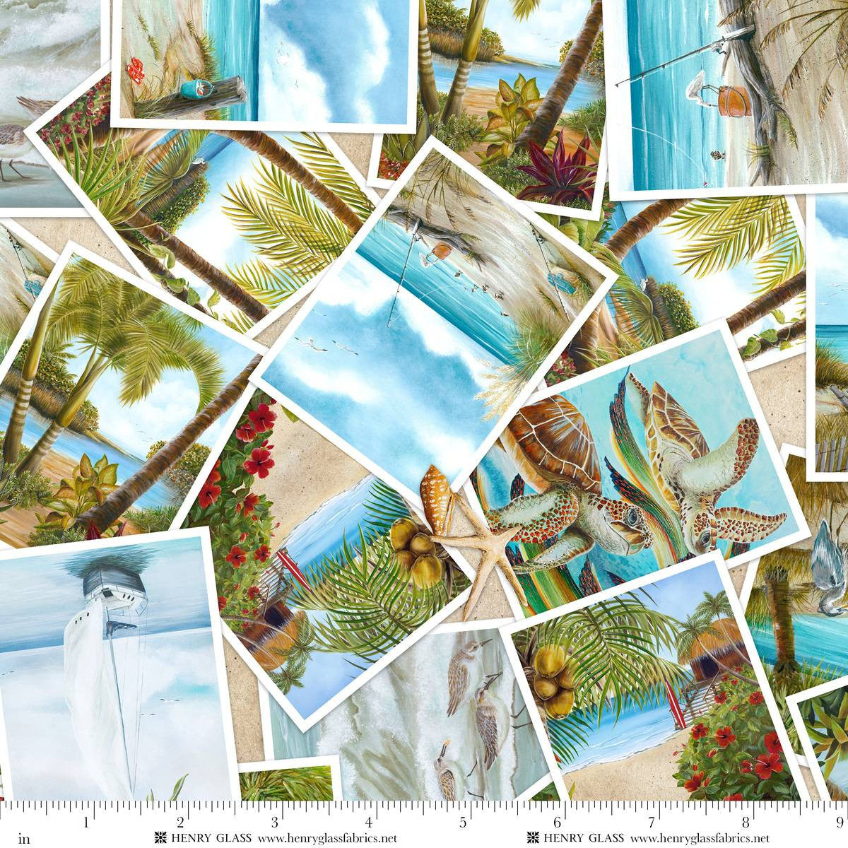Window to Paradise Postcard Tossed Sand Beige Lisa Sparling Henry Glass Cotton Fabric HG-2325-31