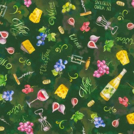 Wine Club Wine Tossed Motif Leaf Green Elena Vladykina Robert Kaufman Cotton Fabric RK-AHVD-22091-43