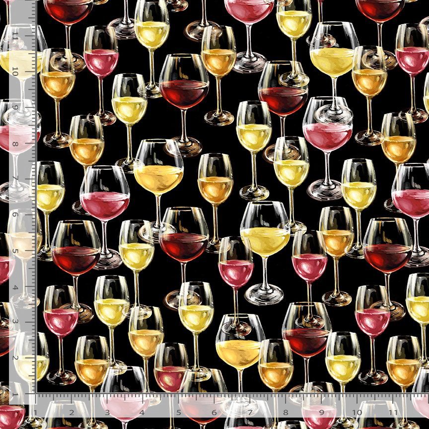 Wine Country Wine Glasses Allover Black Dona Gelsinger Timeless Treasures Cotton Fabric TT-DONA-CD3014-BLACK