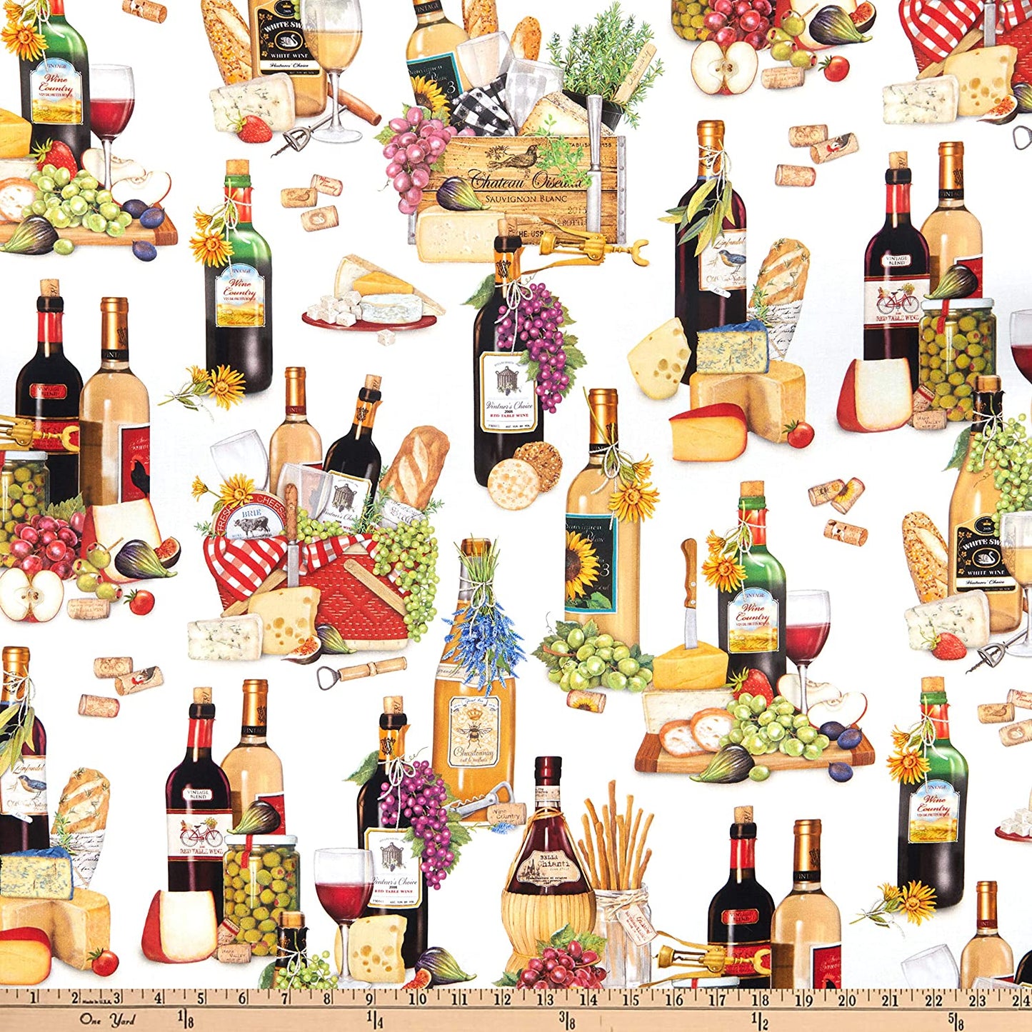 Wine Baskets Uncork and Unwind White Robert Kaufman Cotton Fabric