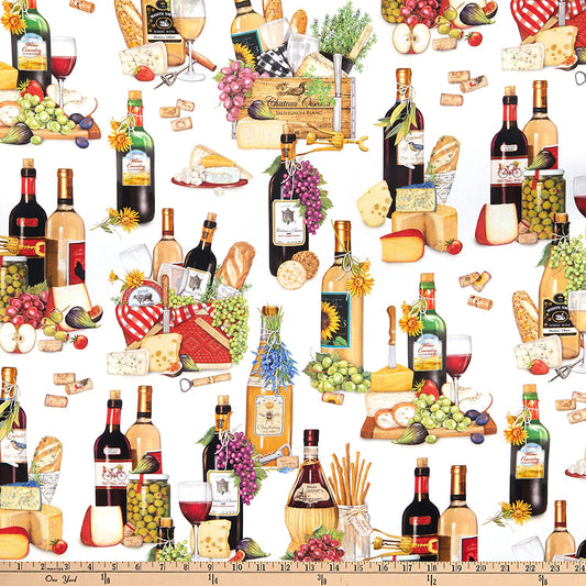 Wine Baskets Uncork and Unwind White Robert Kaufman Cotton Fabric