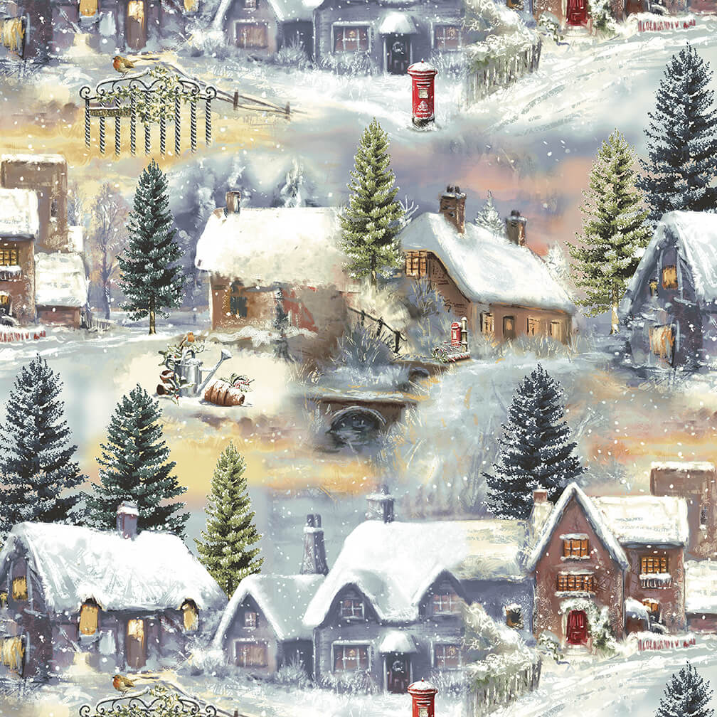 Winter Cottage Village Scenic Blue Marcello Corti Henry Glass Cotton Fabric