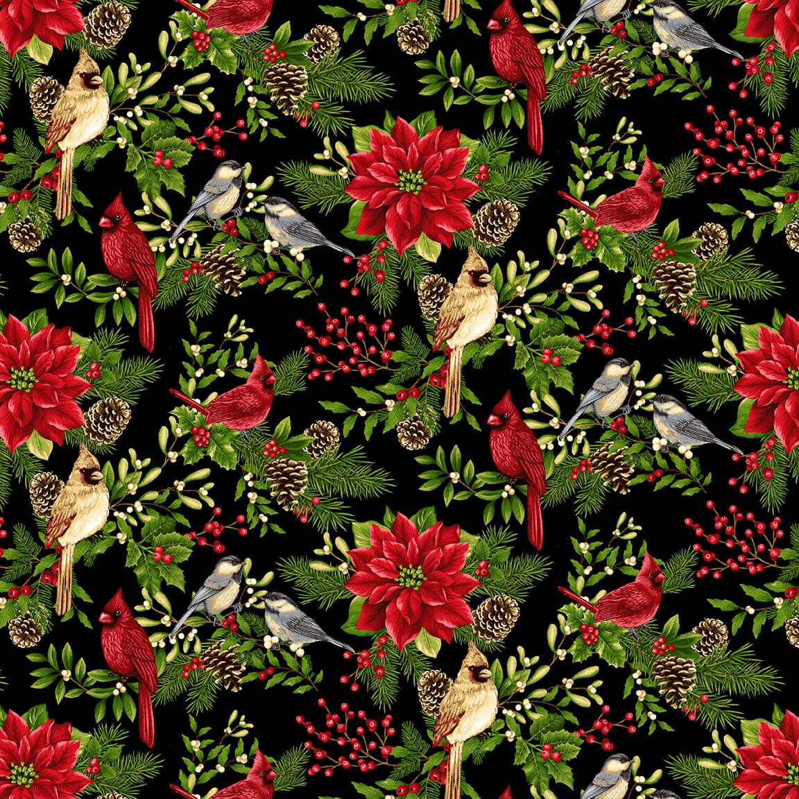 Winter Garden Birds Branches Red Cardinal Poinsettia Mistletoe Black Color Principle Henry Glass Cotton Fabric