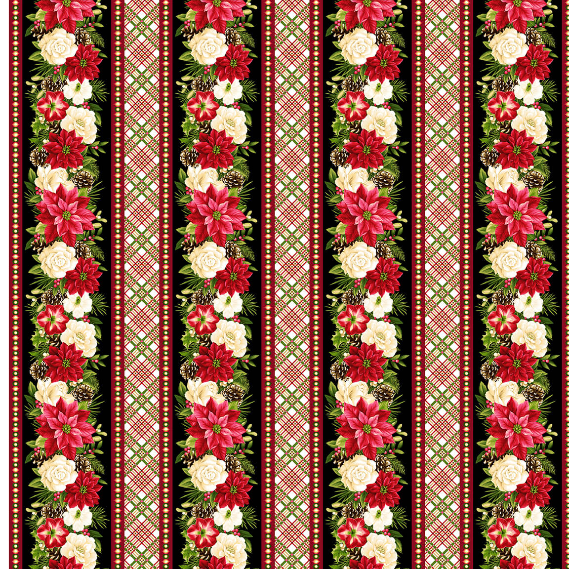 Winter Garden Border Stripe Plaid Poinsettia Mistletoe Flowers Black Color Principle Henry Glass Cotton Fabric