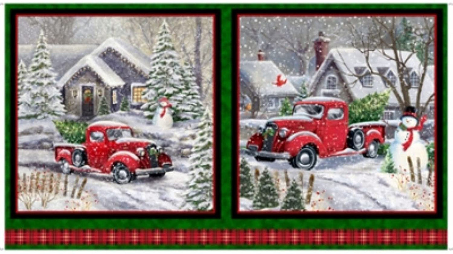 Winter Greetings Red Truck Panel 24" Gina Jane Lee Quilting Treasures Cotton Fabric
