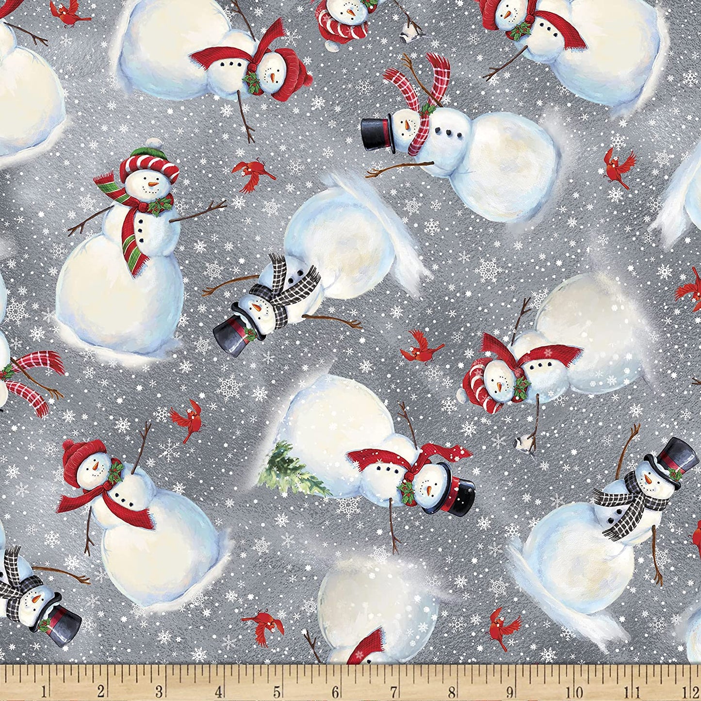 Winter Greetings Snowman Toss Gray Gina Jane Lee Quilting Treasures Cotton Fabric QT-1649-28338-K