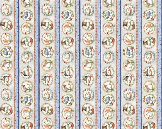 Winter Snowmen Wreaths Stripe Blue Michelle Palmer P&B Textiles Cotton Fabric
