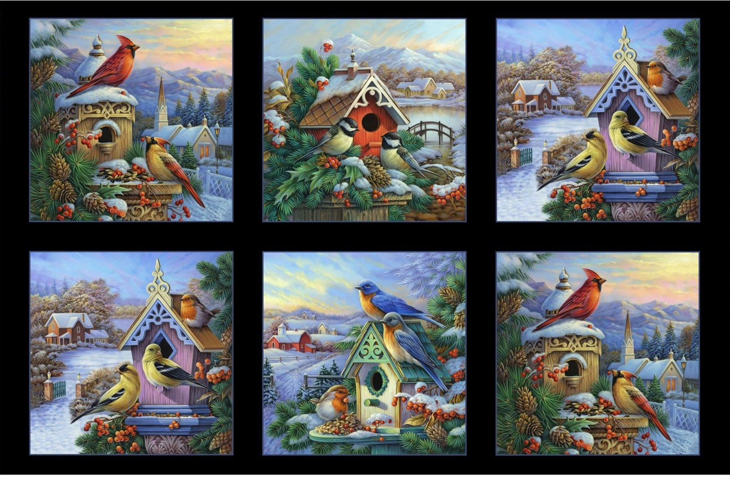 Winter Song Birds Block Panel 24" Black Oleg Gavrilov Elizabeth's Studio Cotton Fabric ES-9409-Black