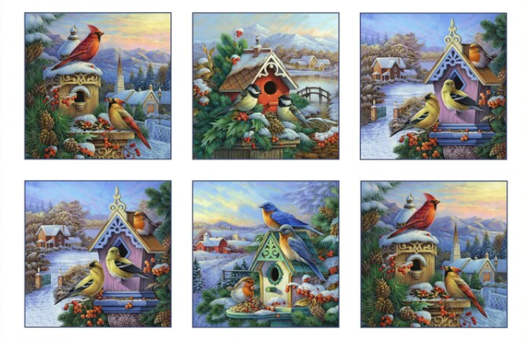 Winter Song Birds Block Panel 24" White Oleg Gavrilov Elizabeth's Studio Cotton Fabric ES-9409-White