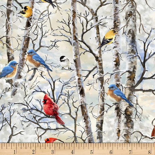 Winter Birds Tree Farm White Timeless Treasures Cotton Fabric TT-C7593 White