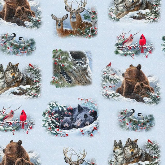 Winter Companions Cardinal Bird Deer Bear Wolf Racoon Abraham Hunter Elizabeth's Studio Cotton Fabric