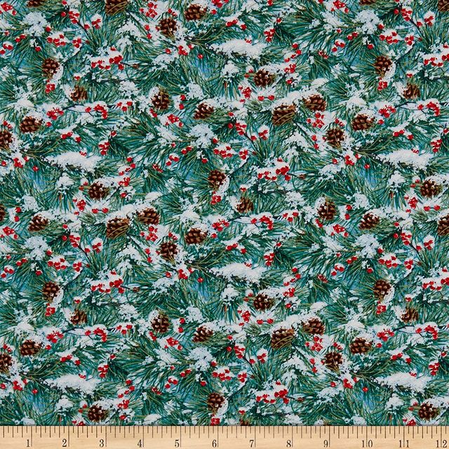 Winter Companions Snow Pine Tree and Berries Elizabeth's Studio Cotton Fabric