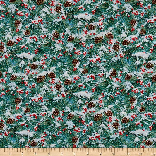 Winter Companions Snow Pine Tree and Berries Elizabeth's Studio Cotton Fabric