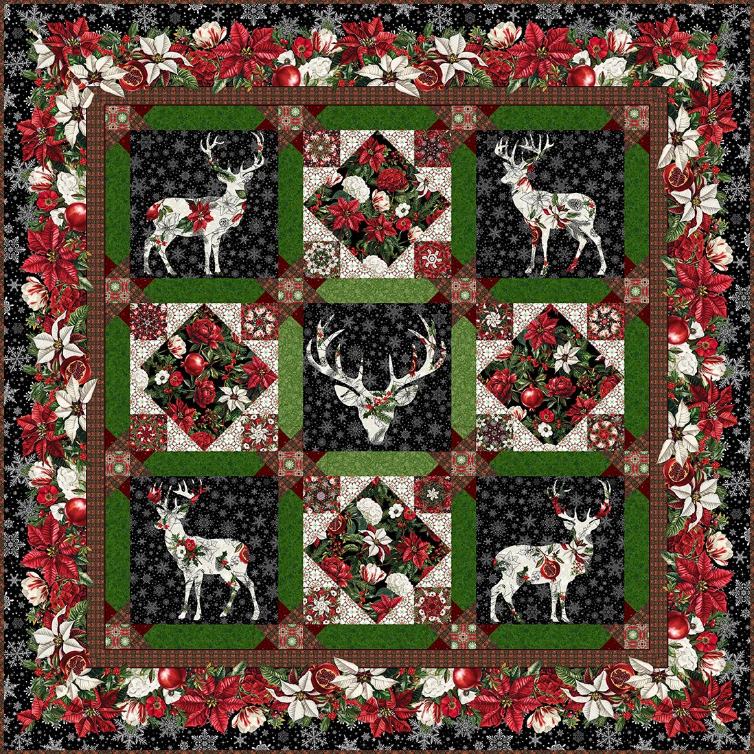 Winter Enchantment Deer Black Quilt Kit 61"x61" Jason Yenter In The Beginning Cotton Fabric ITB-WEN-BQ-KIT