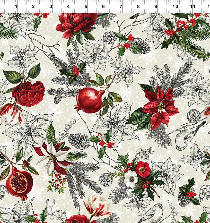 Winter Enchantment Toile Poinsettias Cardinals Cream Jason Yenter In The Beginnings Cotton Fabric ITB-4WEN-1