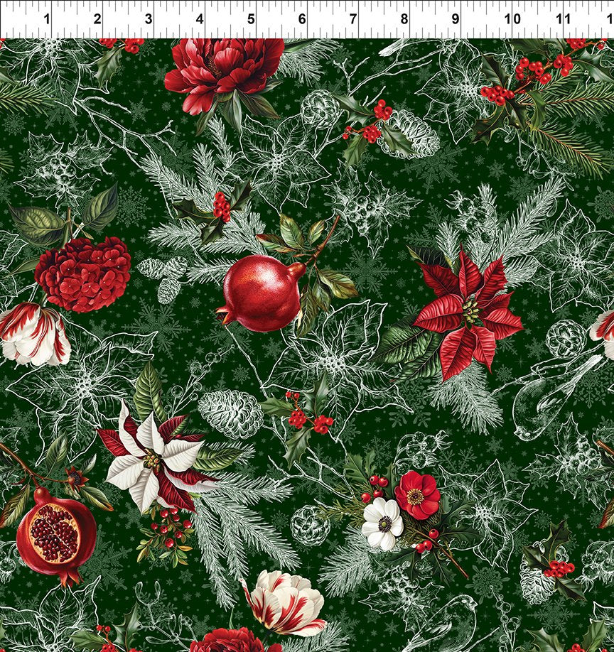Winter Enchantment Toile Poinsettias Cardinals Green Jason Yenter In The Beginnings Cotton Fabric ITB-4WEN-2