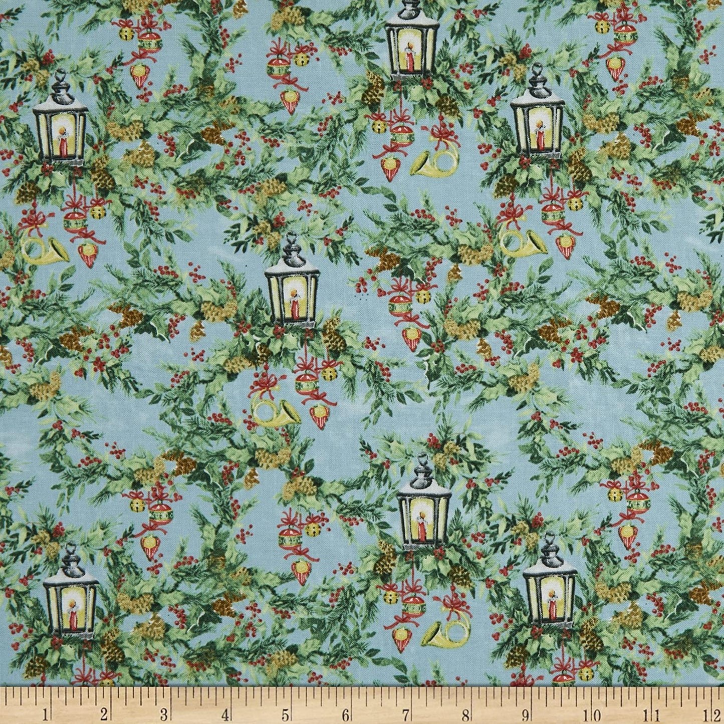 Winter Hollow Holiday Greenery Lights Blue Susan Winget Wilmington Prints Cotton Fabric