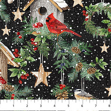 Winter Song Birdhouse Feat Black Multi Deborah Edwards Northcott Cotton Fabric NC-DP27802-99