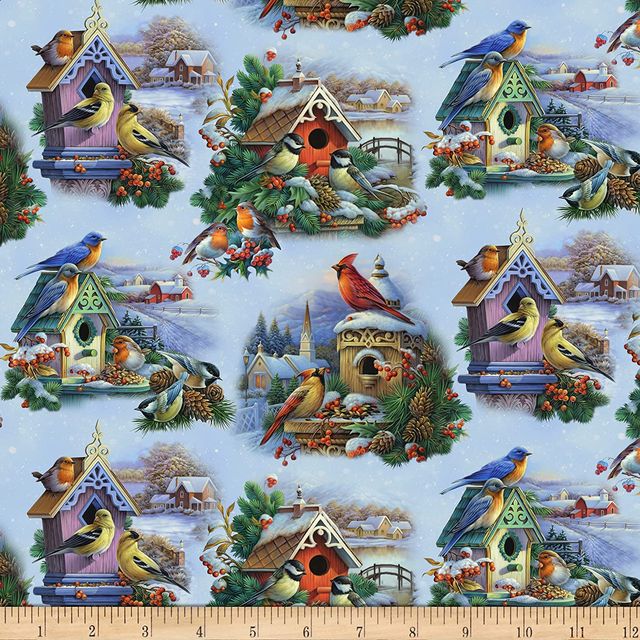 Winter Song Birds in Snow Elizabeth's Studio Cotton Fabric ES-9410 Snow