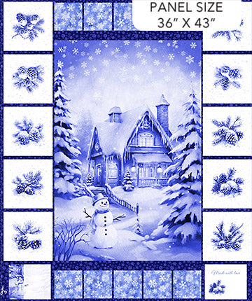 Winter Twilight Snowy Cabin Panel 36" Delft Blue Patrick Lose Northcott Cotton Fabric NC-PL-10774-10