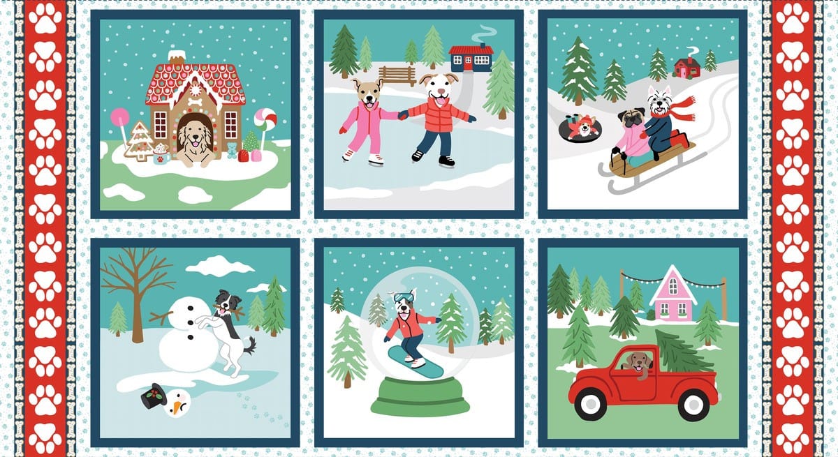 Winter Waggers Dogs Doing Winter Activities Block Panel 24" White Devon Design Co Blank Quilting Cotton Fabric BQ-4773B-01 | US Fabric Shop