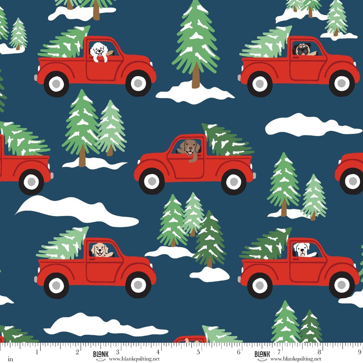 Winter Waggers Dogs Driving Trucks Dark Blue Devon Design Co Blank Quilting Cotton Fabric BQ-4768-77 | US Fabric Shop