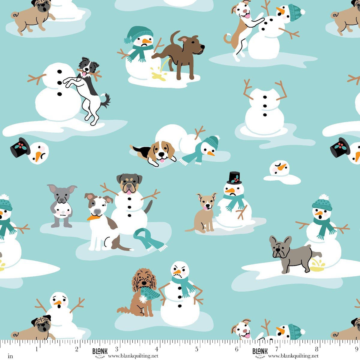 Winter Waggers Dogs Playing With Snowmen Light Blue Devon Design Co Blank Quilting Cotton Fabric BQ-4765-11