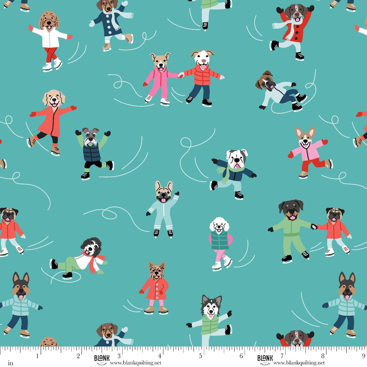 Winter Waggers Ice Skating Dogs Aqua Devon Design Co Blank Quilting Cotton Fabric BQ-4766-13