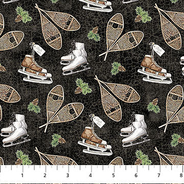 Winter Woodland Snowshoes Black Multi Deborah Edwards Northcott Cotton Fabric NC-28868-99