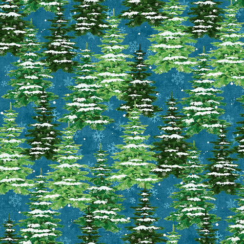 Winterwood Snowy Fir Trees Spruce Blue L Howard Studio E Cotton Fabric
