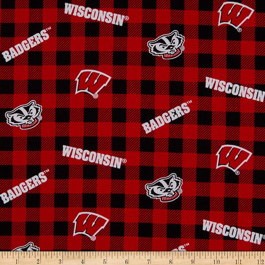Wisconsin Badgers NCAA College Buffalo Plaid Sykel Cotton Fabric WIS-1207