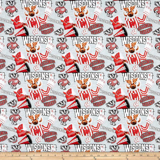 Wisconsin Badgers NCAA Collegiate Mascot Heather Print Gray Sykel Cotton Fabric WIS-1164