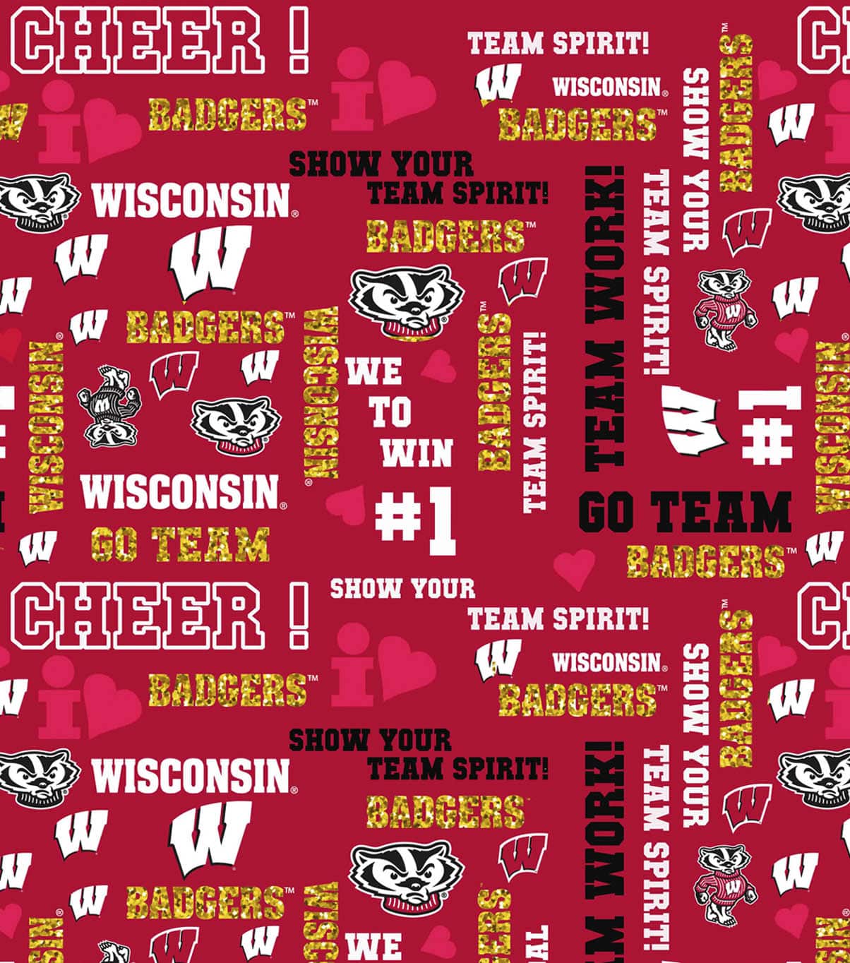 Wisconsin Badgers NCAA College Glitter Gold Metallic Sykel Cotton Fabric WIS-1142