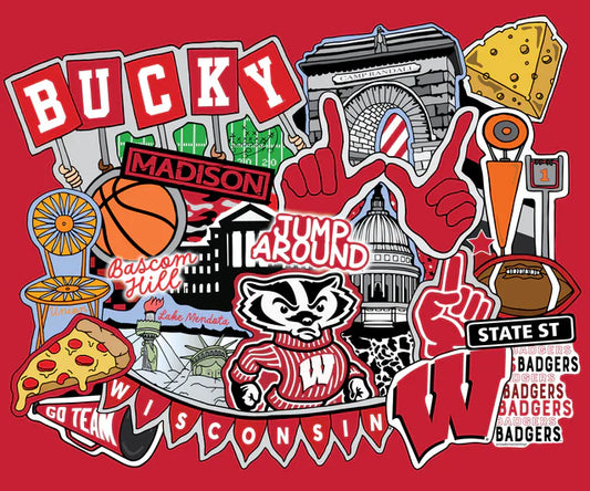 Wisconsin Badgers NCAA College Doodle Panel 36"x43" Sammy Sykel Enterprises Cotton Fabric SYK-WIS-2000