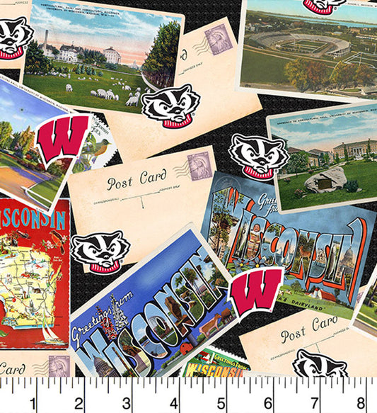 Wisconsin Badgers NCAA College Postcard Print Sykel Enterprises Cotton Fabric SYK-WIS-1211