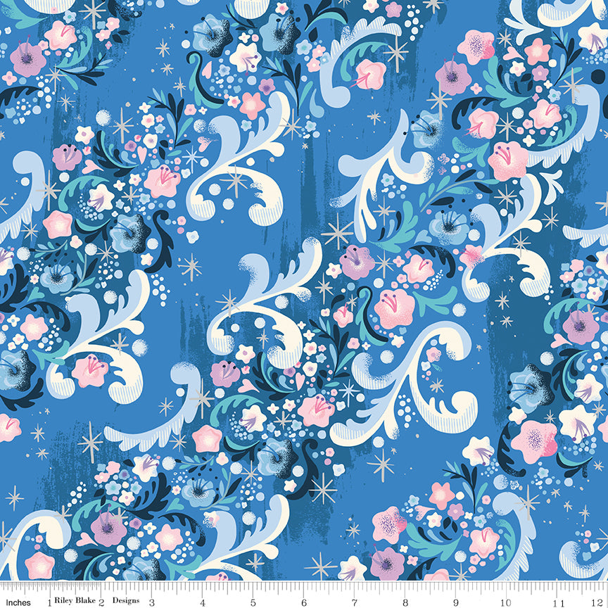 Wishes Cindy Flowers Blueberry Blue Sparkle Jill Howarth Riley Blake Cotton Fabric RB-SC18074-BLUEBERRY