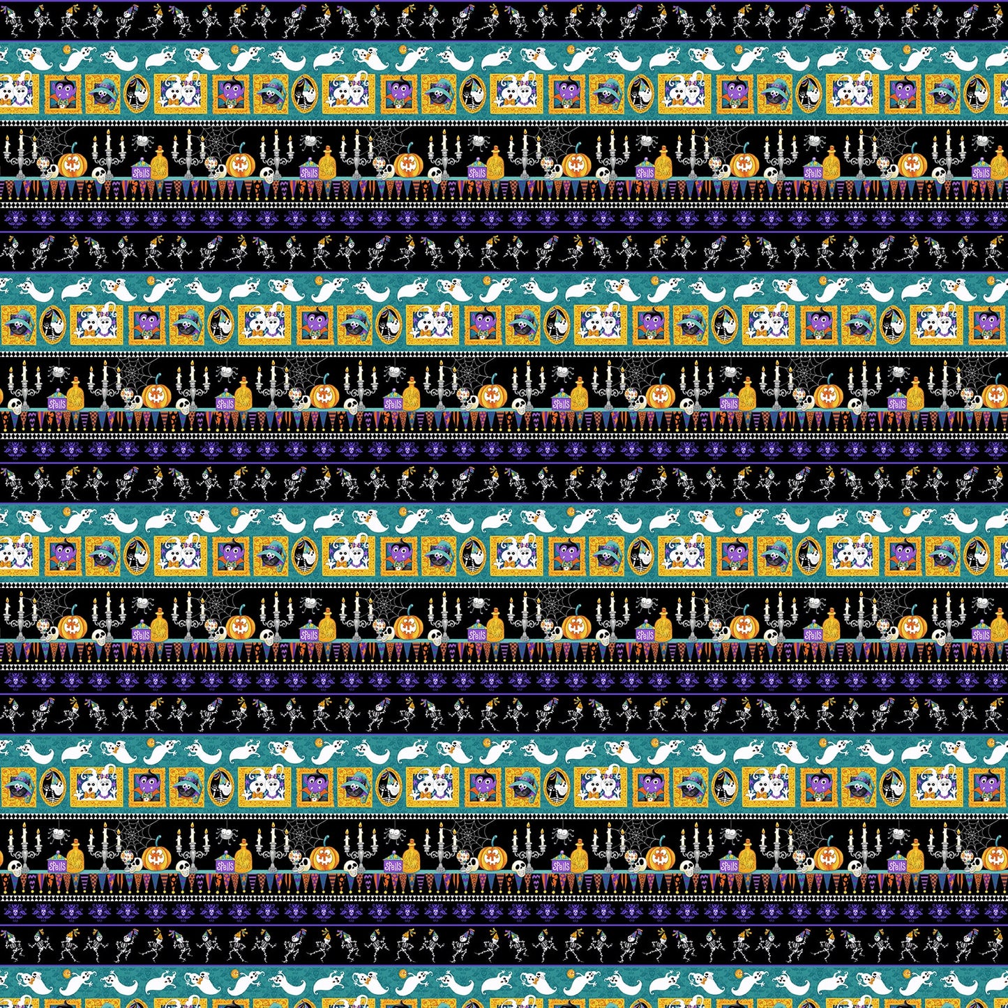 Witch Night Out Border Stripe Multi Glow in the Dark Delphine Cubitt Henry Glass Cotton Fabric HG-757G-97