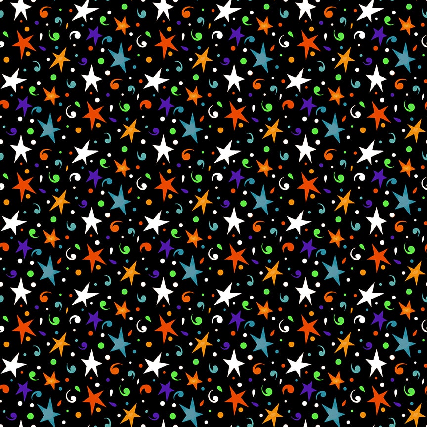 Witch Night Out Tossed Multicolored Stars Black Multi Glow Delphine Cubitt Henry Glass Cotton Fabric